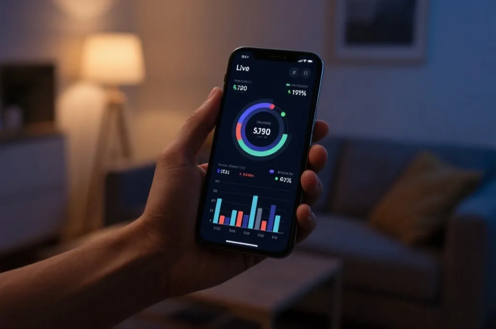 A close-up of a high-tech smartphone interface displaying abstract live sports statistics and probability charts, held by a hand in a dimly lit cozy living room, clean UI design